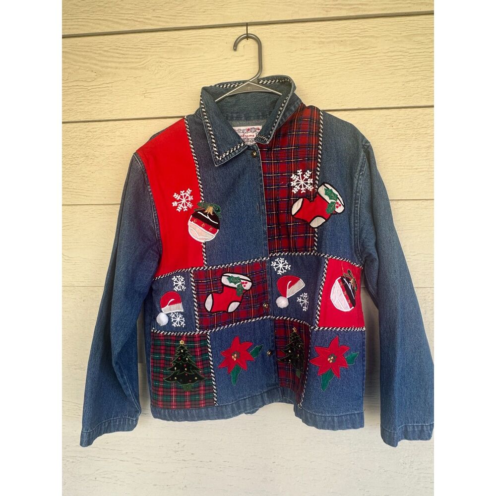 Tantrums Vintage Christmas Patchwork Denim Jacket Metallic Plaid Size S
